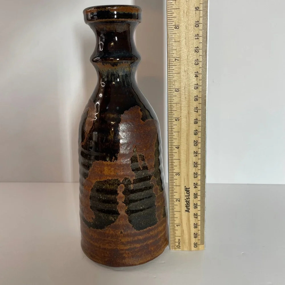 Japanese Tokkuri Sake Pottery Vase Brown Rust Glaze Handcrafted Ceramic Bud Vase
